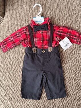 Carter's Red Plaid Shirt with Black Suspenders and Bow Tie